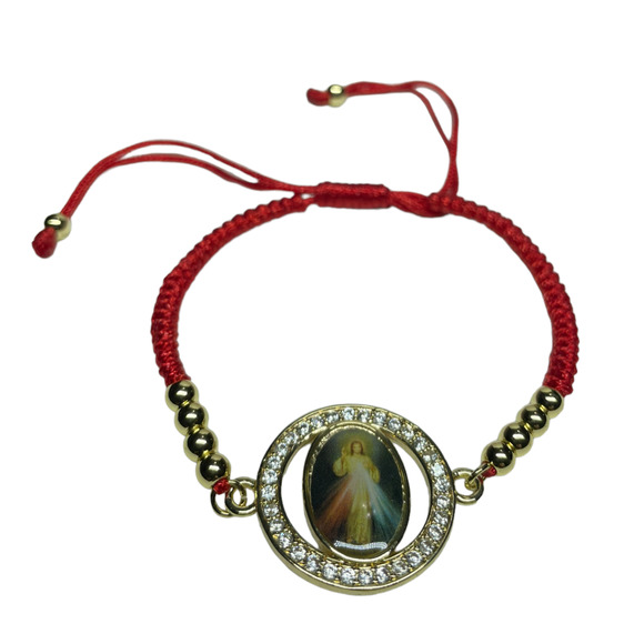Devine Mercy Jesus Knotted Red Rope Gold Plated Bracelet Adjustable Handmade NEW - Picture 1 of 3